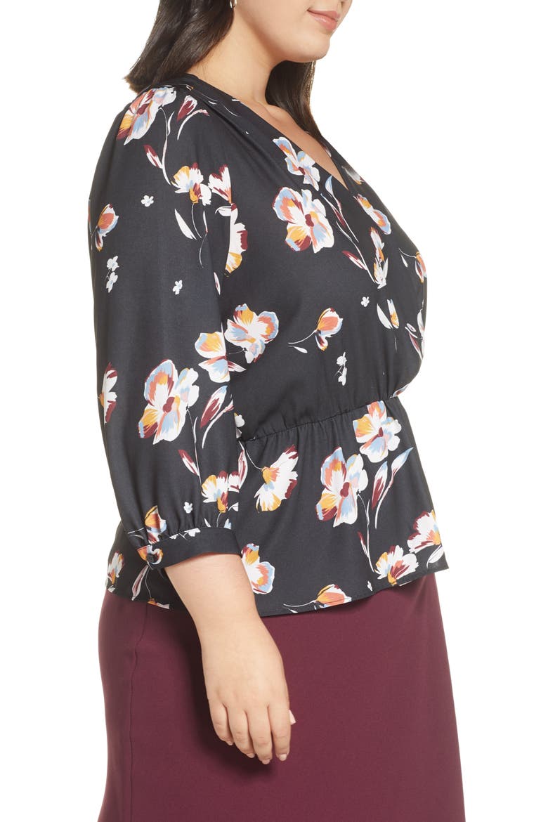 Wrap Front Peplum Top, Alternate, color, BLACK FLORAL