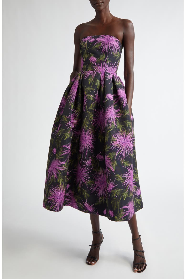 Chrysanthemum Print Strapless Cocktail Dress, Main, color, PURPLE/ NAVY