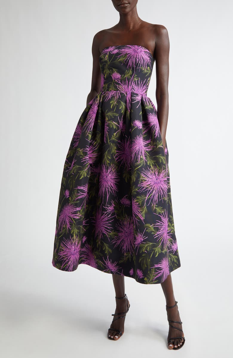 Oscar de la Renta Chrysanthemum Print Strapless Cocktail Dress, Main, color, Purple/ Navy