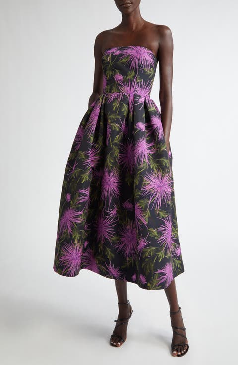 Chrysanthemum Print Strapless Cocktail Dress