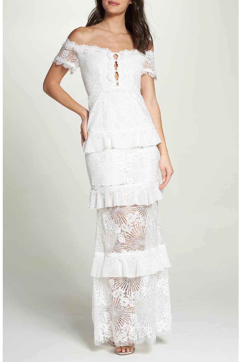 Off the Shoulder Ruffle Tier Mermaid Gown, Main, color, IVORY