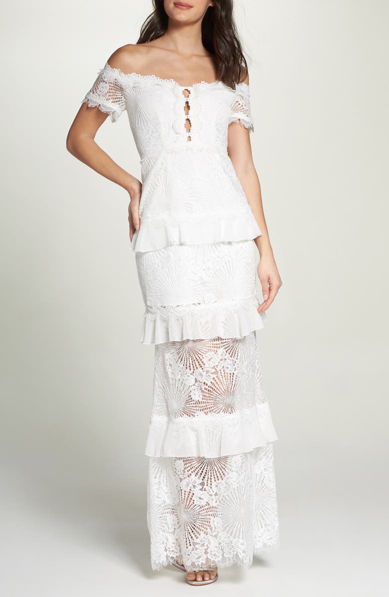 Foxiedox Off the Shoulder Ruffle Tier Mermaid Gown, Main, color,