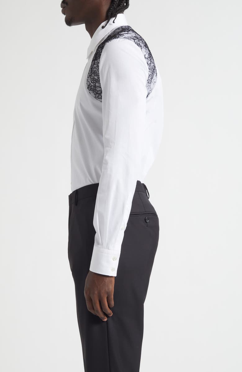 McQueen Lace Detail Harness Strap Cotton Poplin Button-Up Shirt, Alternate, color, Opticalwhite