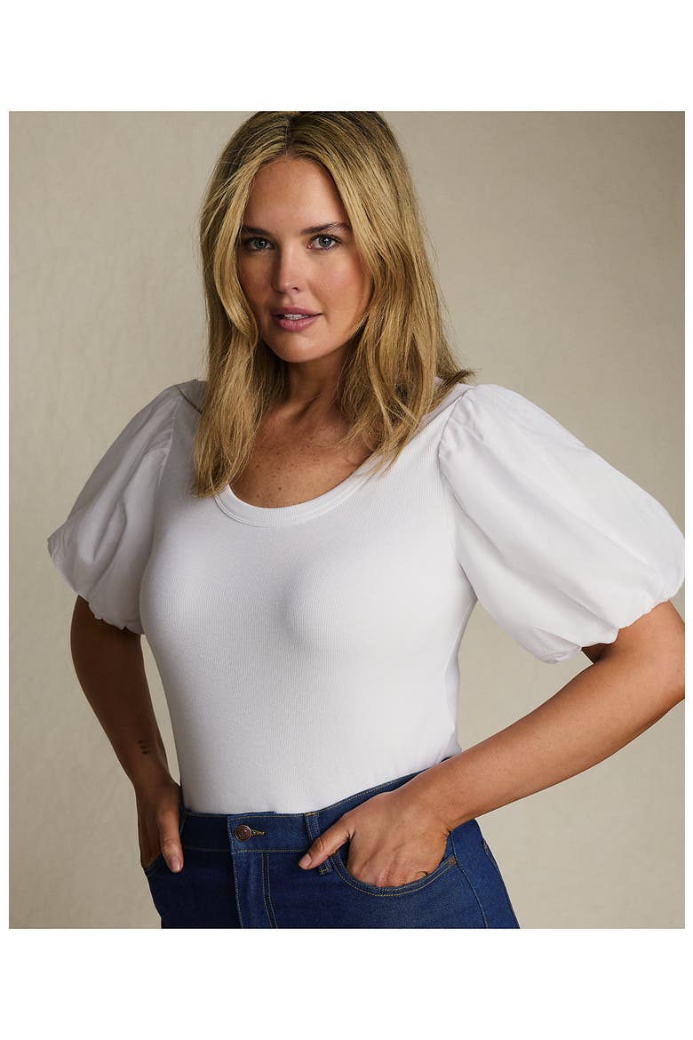 Drapey Rib Puff Sleeve Scoop Neck Top, Alternate, color, White