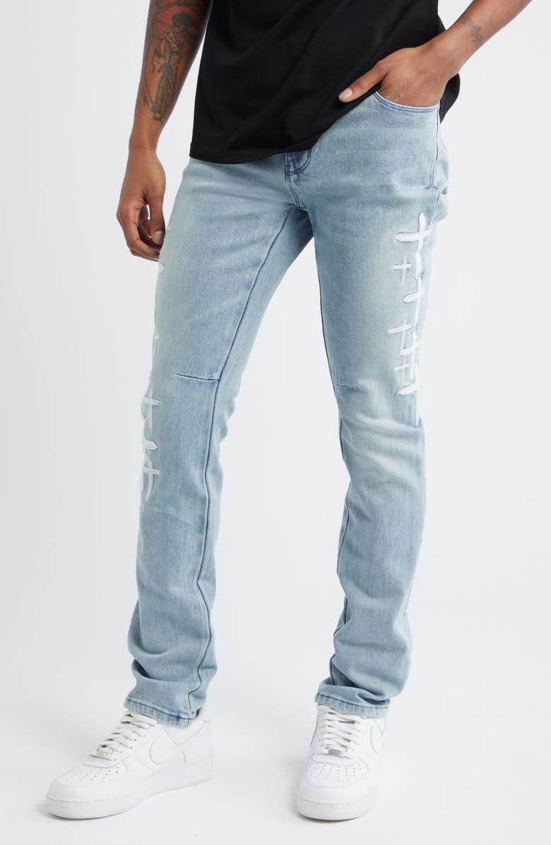 RtA Bryant Stretch Denim Skinny Jeans, Main, color, Coastal Drift Cross Patch