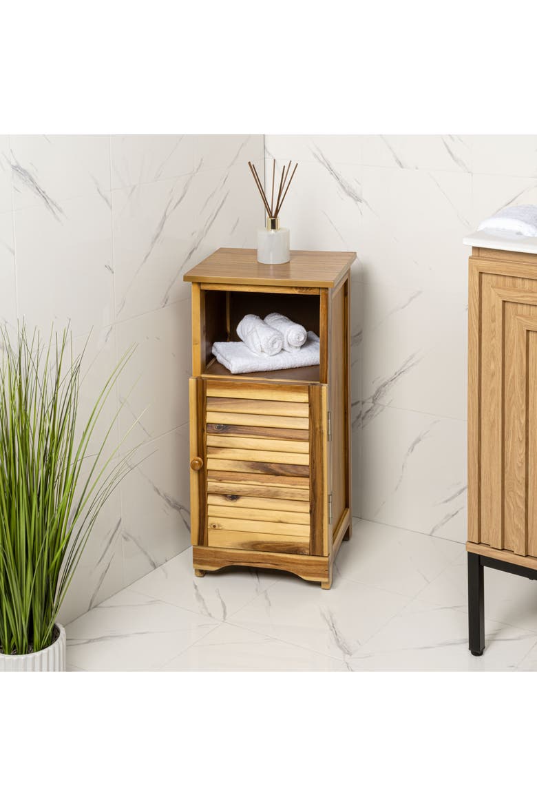 Serene Handcrafted Acacia Wood Bathroom Freestanding Floor Storage Cabinet with Louvered Door and Open Shelf, Alternate, color, Natural