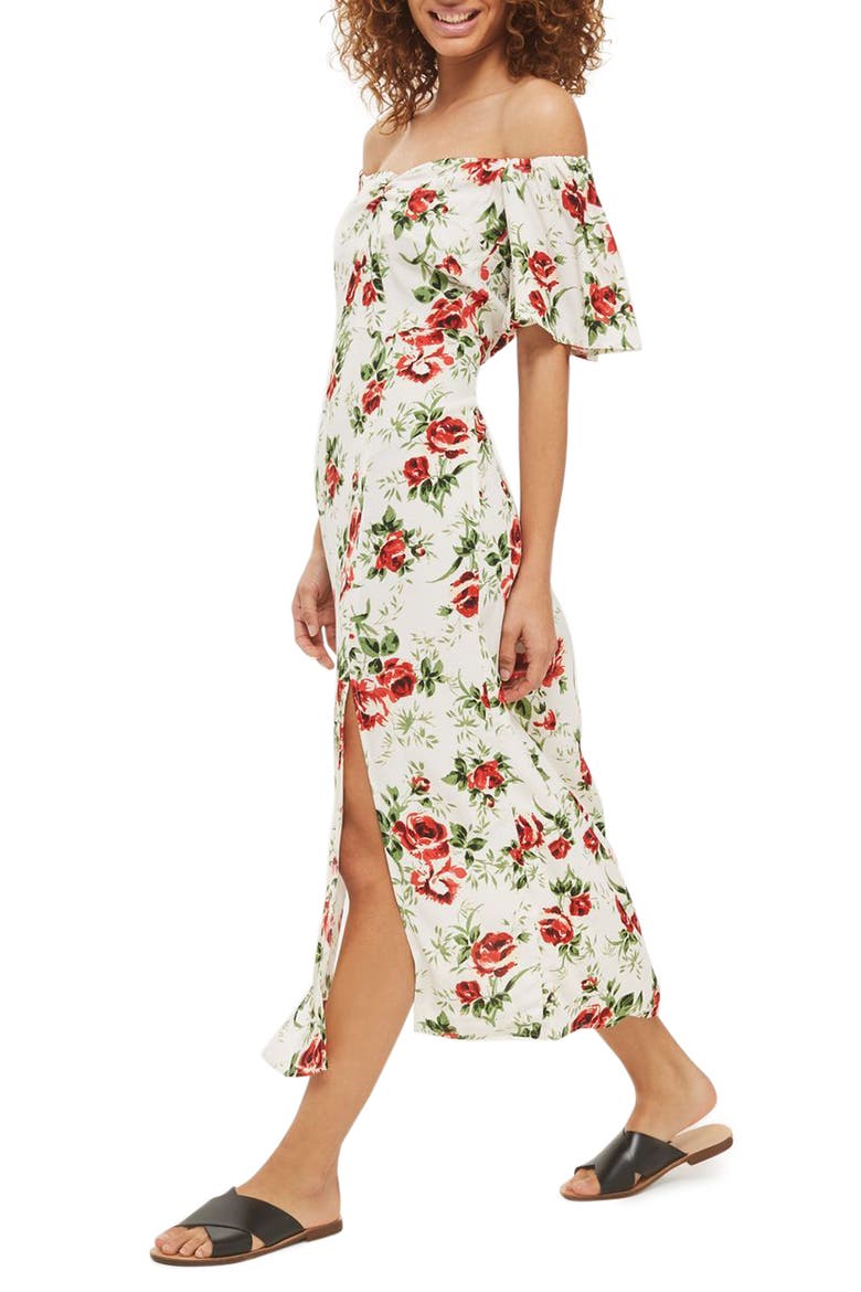 Bardot Rose Print Midi Dress, Main, color, IVORY MULTI