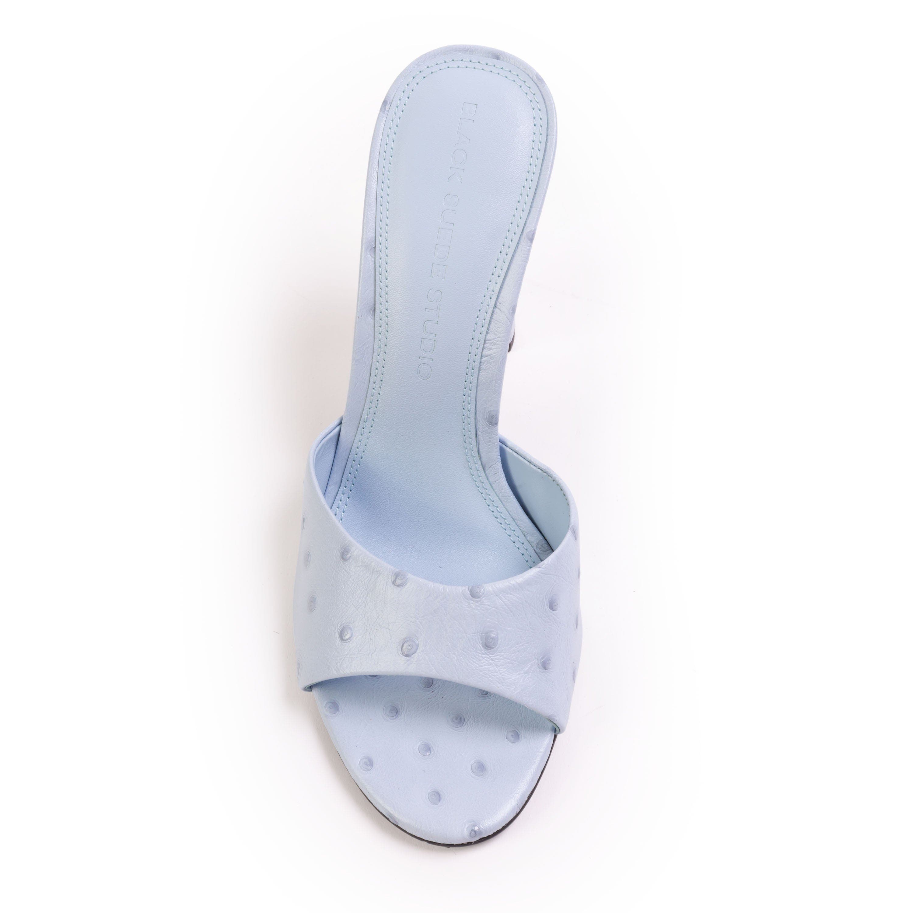 BLACK SUEDE STUDIO Lila 95 Ostrich Mule, Alternate, color, Sky Ostrich Leather