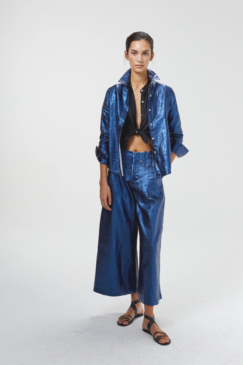 Culotte Metallic Linen Pant, Alternate, color, Metallic Dark Blue
