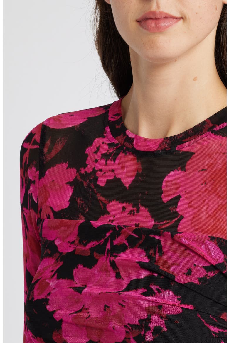 Print Ruched Mesh Midi Dress, Alternate, color, ANNE BLACK MULTI