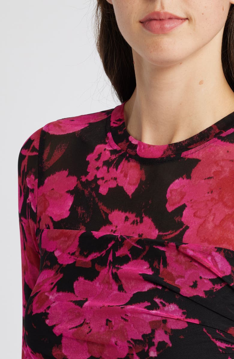 Anne Klein Print Ruched Mesh Midi Dress, Alternate, color,