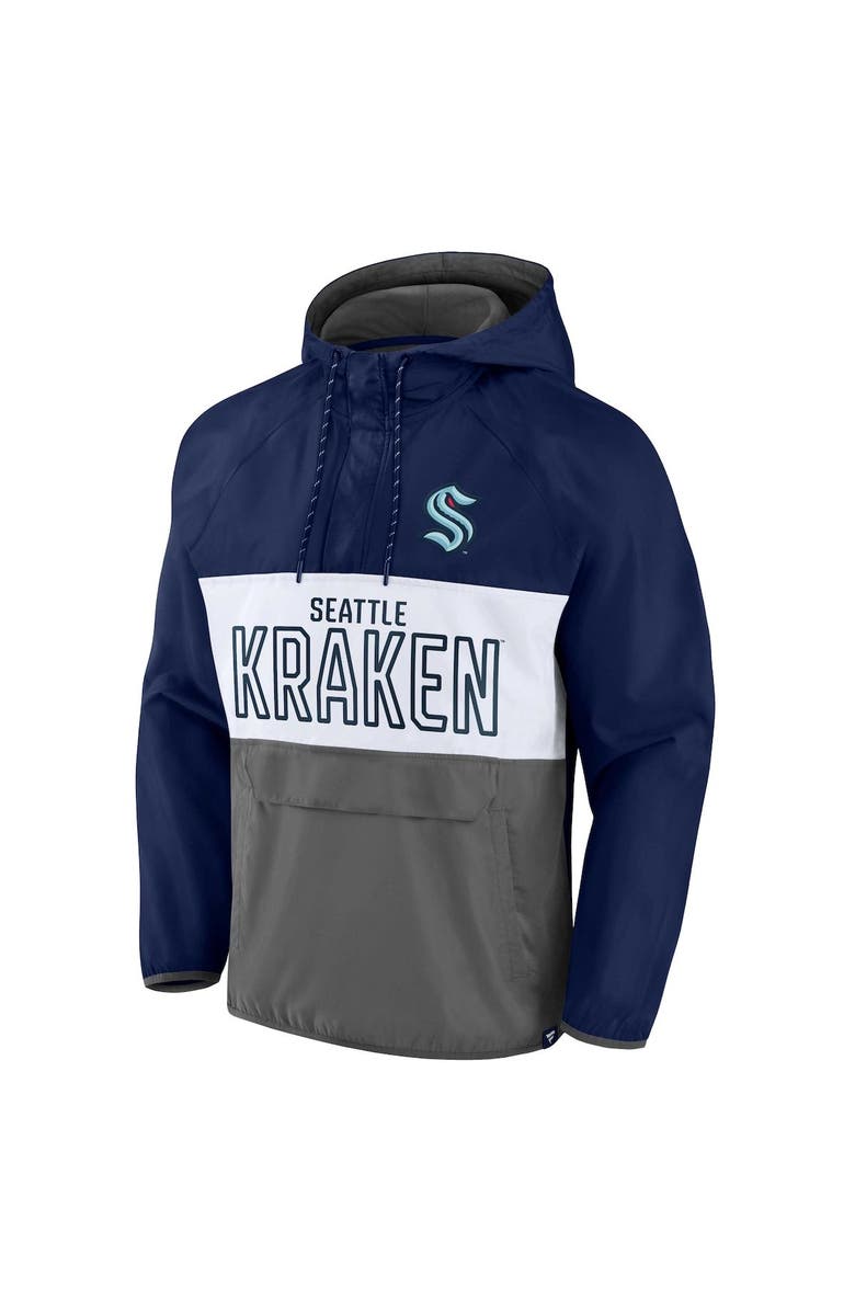 FANATICS Men's Fanatics Branded Deep Sea Blue/Gray Seattle Kraken Backhand Shooter Defender Anorak Raglan Hoodie Quarter-Zip Jacket, Alternate, color, Navy