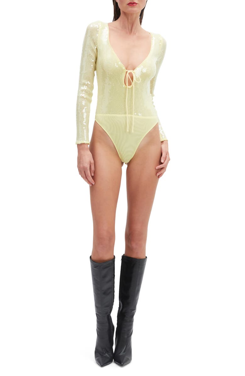 Bardot Verona Sequin Long Sleeve Bodysuit, Alternate, color, Canary Yellow