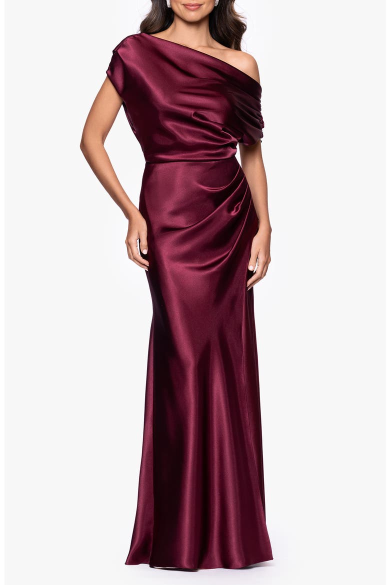 One-Shoulder Satin Sheath Gown, Main, color, BURGUNDY