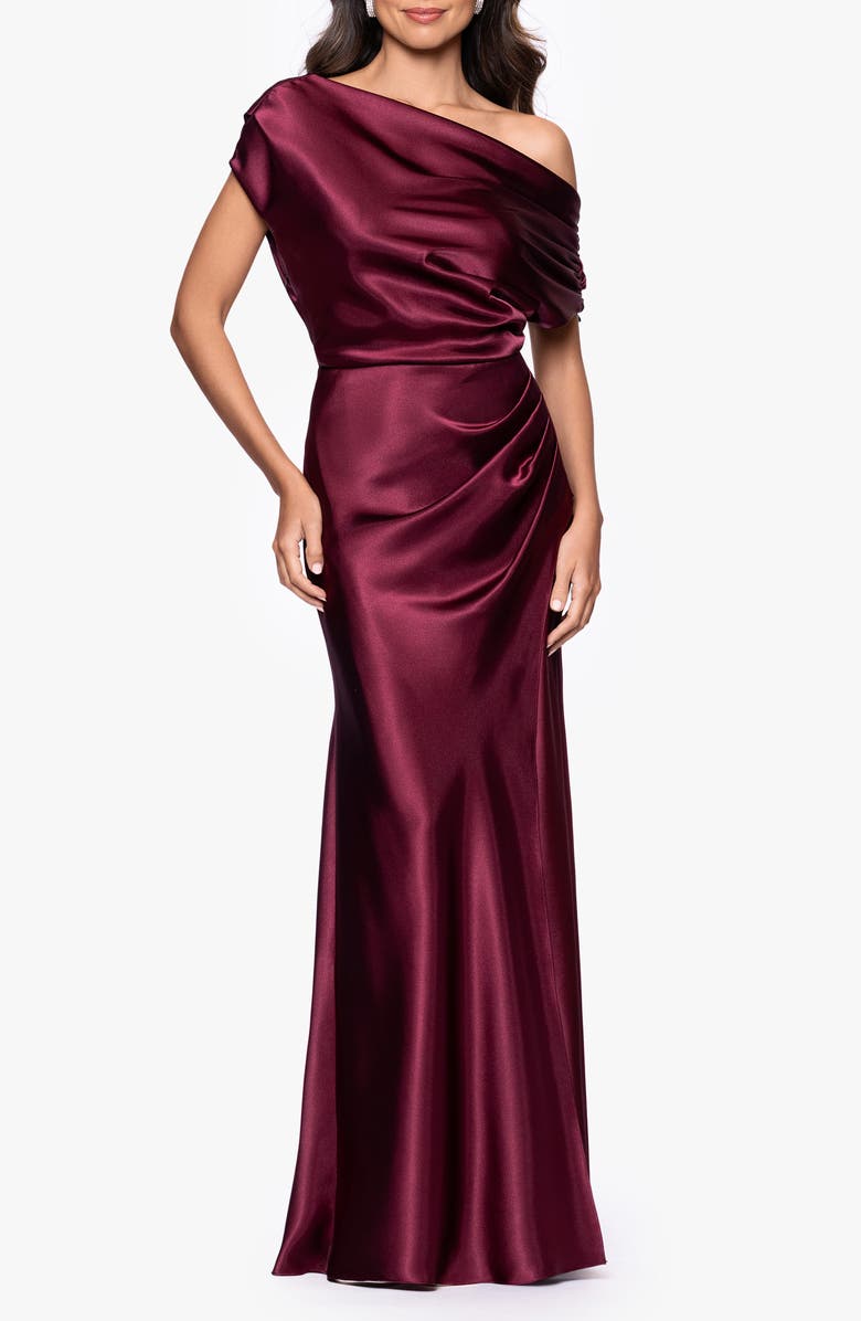 Betsy & Adam One-Shoulder Satin Sheath Gown, Main, color, 