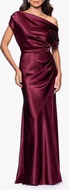 Betsy & Adam One-Shoulder Satin Sheath Gown
