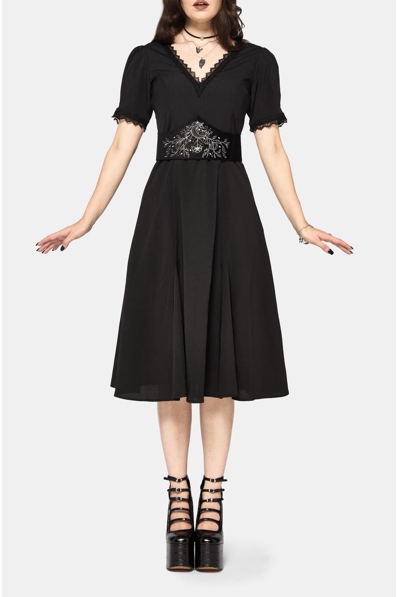 Sanzia Tie Back Lace Midi Dress, Alternate, color, Black