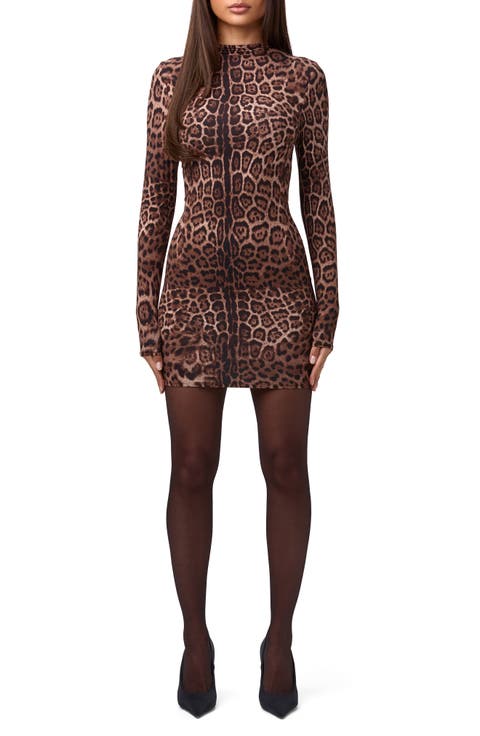 Leopard Print Long Sleeve Body-Con Minidress