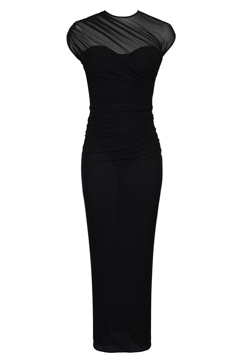 Orelia Draped Mesh Gown, Alternate, color, BLACK