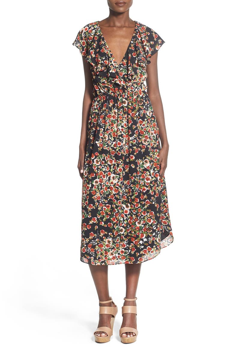 Floral Midi Dress, Main, color, BLACK/ FLORAL