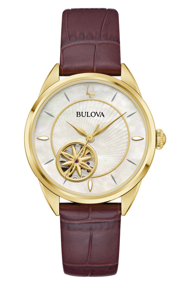 Sutton Automatic Leather Strap Watch, 34.5mm, Main, color, GOLD-TONE