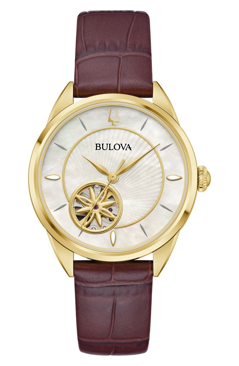 BULOVA Sutton Automatic Leather Strap Watch, 34.5mm, Main, color, Gold-Tone