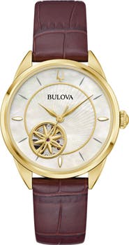 BULOVA Sutton Automatic Leather Strap Watch, 34.5mm