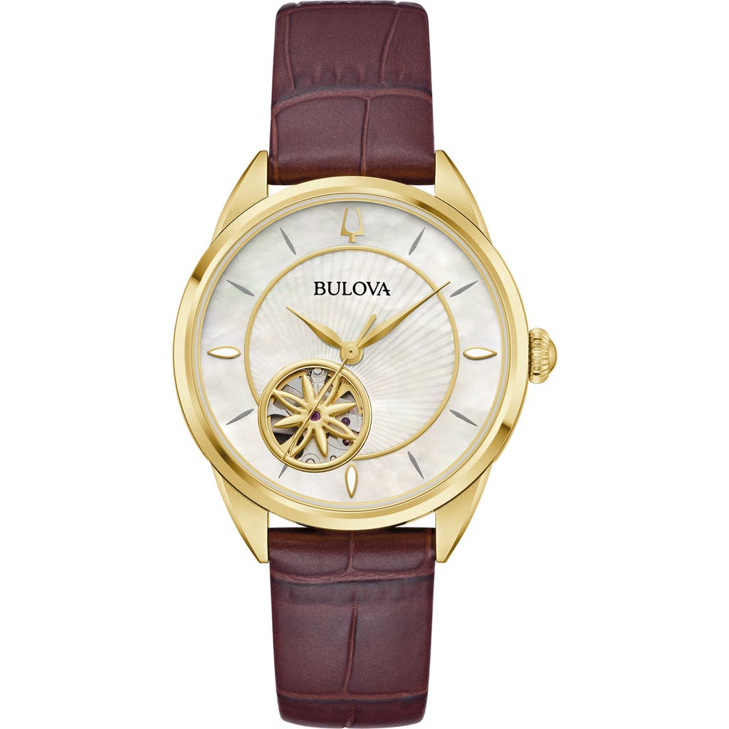 Bulova Women's Sutton Automatic Brown Leather Strap Watch 34.5mm In Goldone