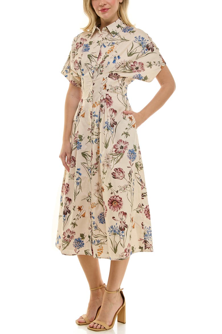 Printed Stretch Cotton Shirtdress, Alternate, color, CREAM BOTANICS