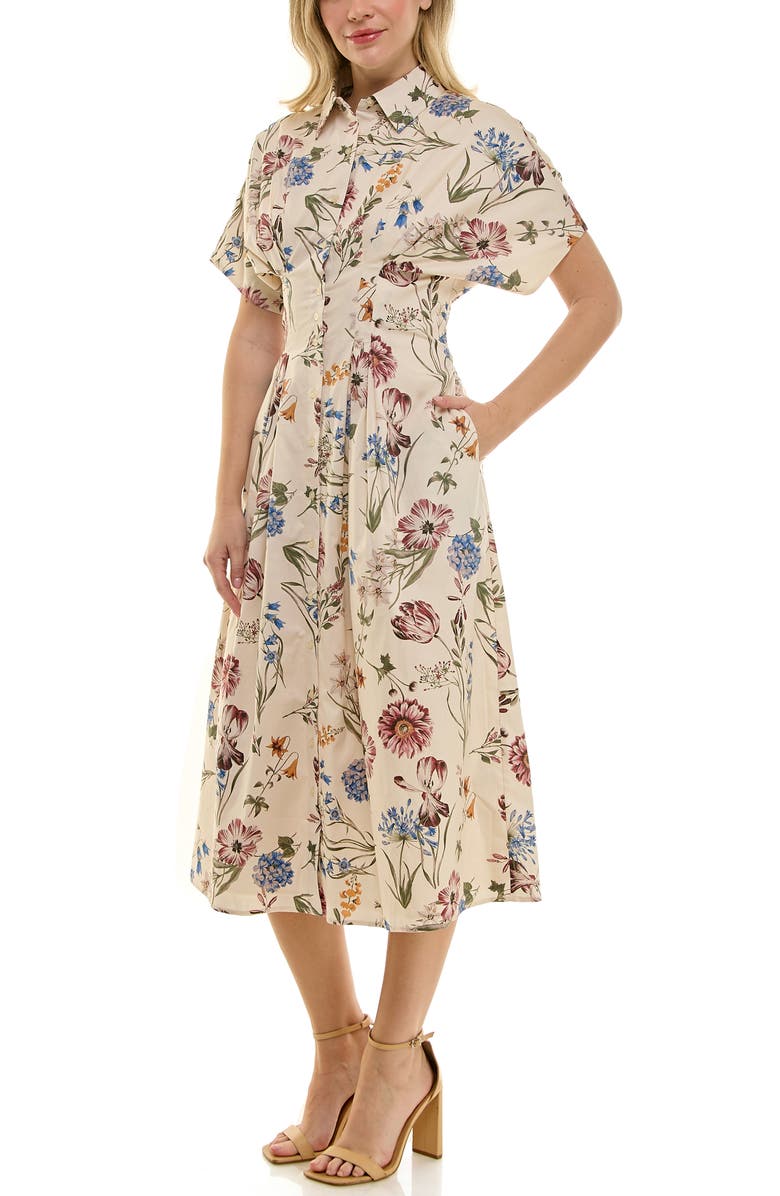 Nicole Miller Printed Stretch Cotton Shirtdress, Alternate, color, Cream Botanics
