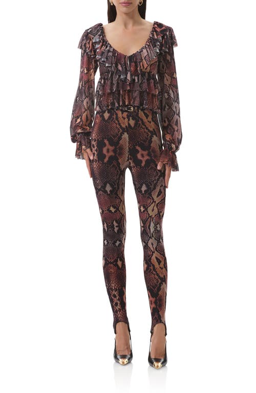 Afrm Addison Snakeskin Print Ruffle Top In Brown