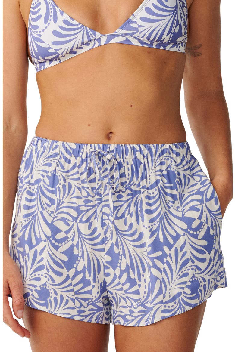 Party Wave Tropical Print Beach Shorts, Main, color, WHITE/ BLUE