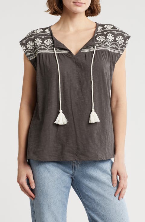 Embroidered Cotton Split Neck Top
