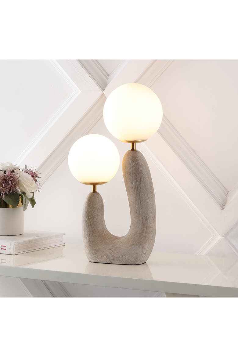 Oona 2-Light Mid-Century Scandinavian Resin/Iron/Frosted Glass Cactus LED Table Lamp, Alternate, color, Gray Wood Finish/Brass Gold