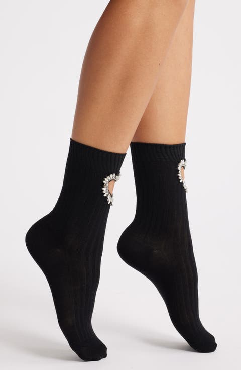 Crystal Heart Cutout Crew Socks