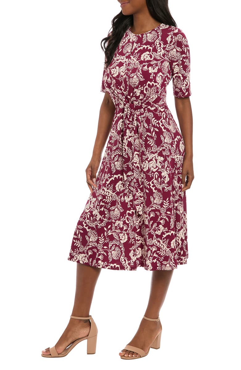 London Times Side Tie Jersey Midi Dress, Alternate, color, Plum/ Beige