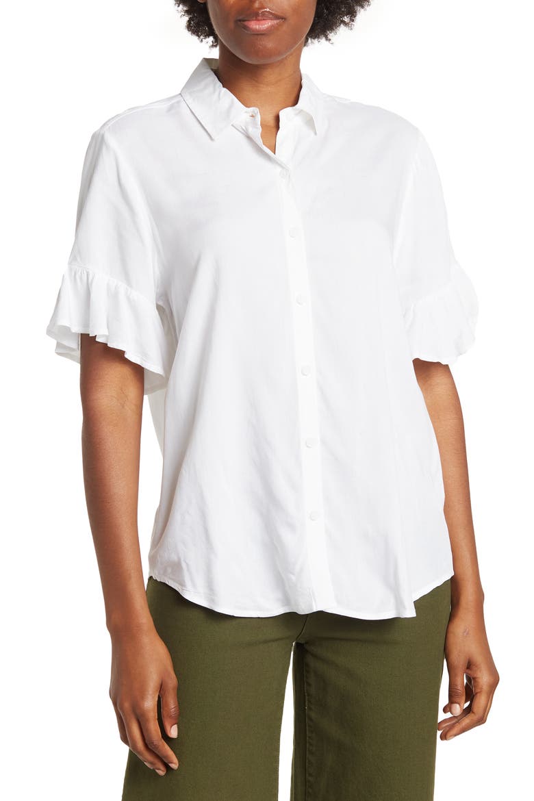 Nissa Ruffle Sleeve Button-Up Shirt, Main, color, WHITE