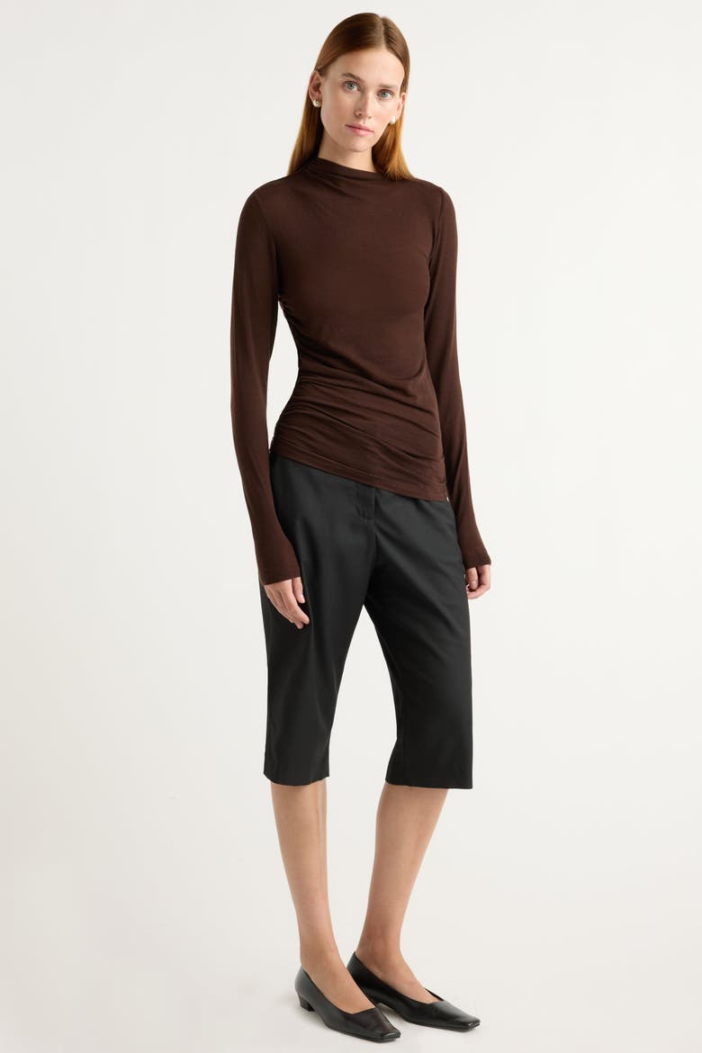 Vittoria Asymmetric-Neck Semi-Sheer Ruched Tee, Alternate, color, Umber