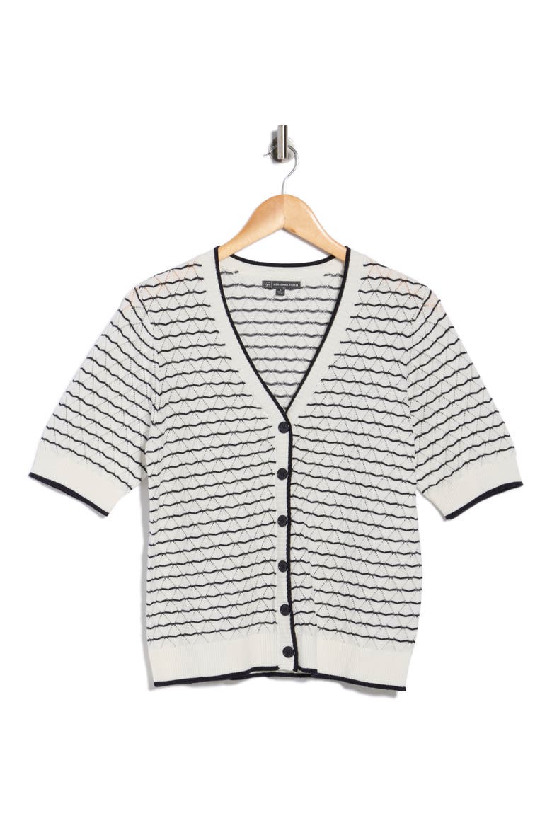 Stripe Short Sleeve Cotton Cardigan, Alternate, color, IVORY/ NAVY
