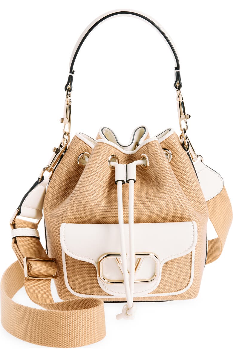 Valentino Garavani Small Locò Raffia & Leather Bucket Bag, Main, color,