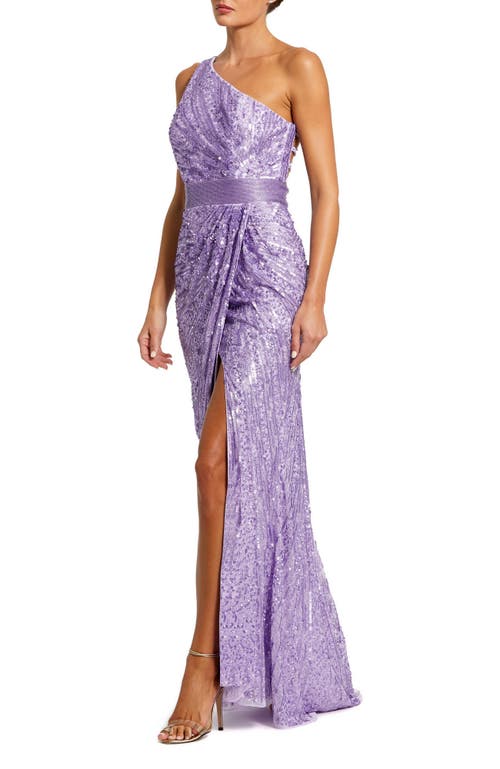 Mac Duggal Sequined One Shoulder Draped Lace Up Gown In Lilac