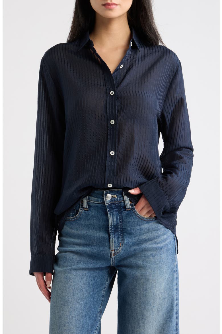 Striped Silk Blend Button-Up Shirt, Main, color, NAVY SHEER STRIPE