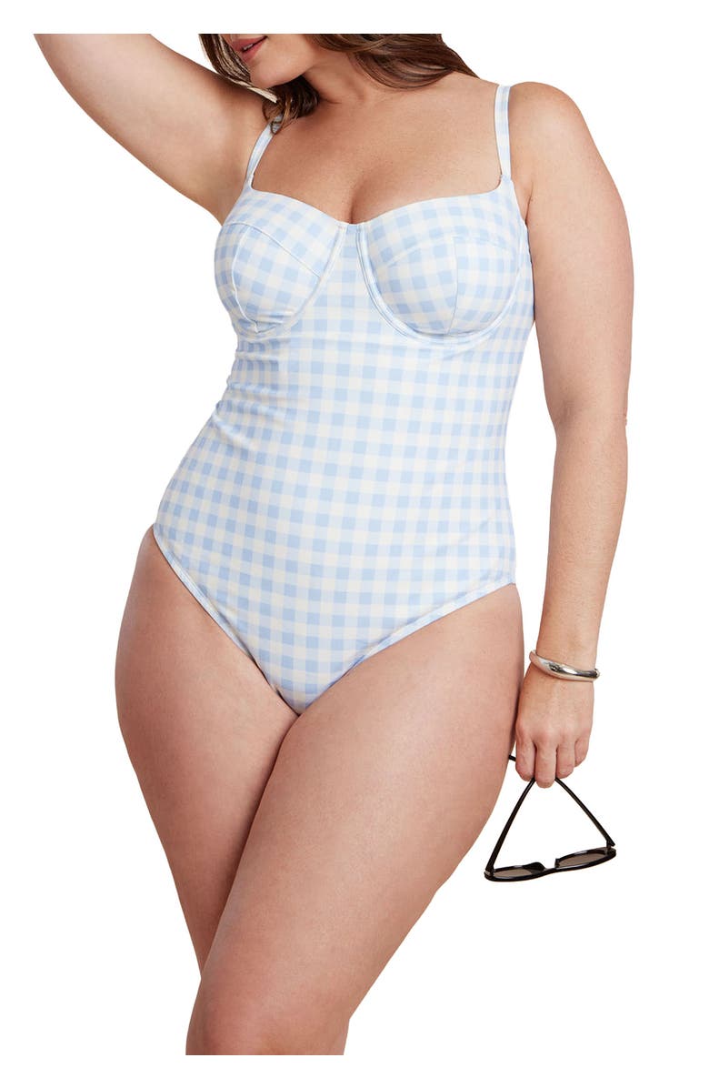 ELOQUII Gingham One Piece, Main, color, Skyway Gingham
