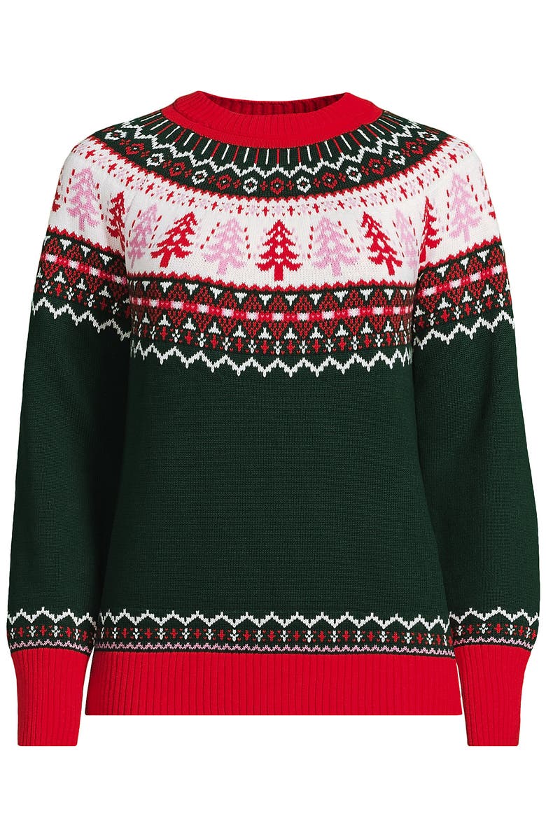 Lands' End Drifter Jacquard Raglan Crew Neck Sweater, Alternate, color, Trees/Green And Red