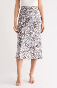 Renee C Animal Print Satin Midi Skirt