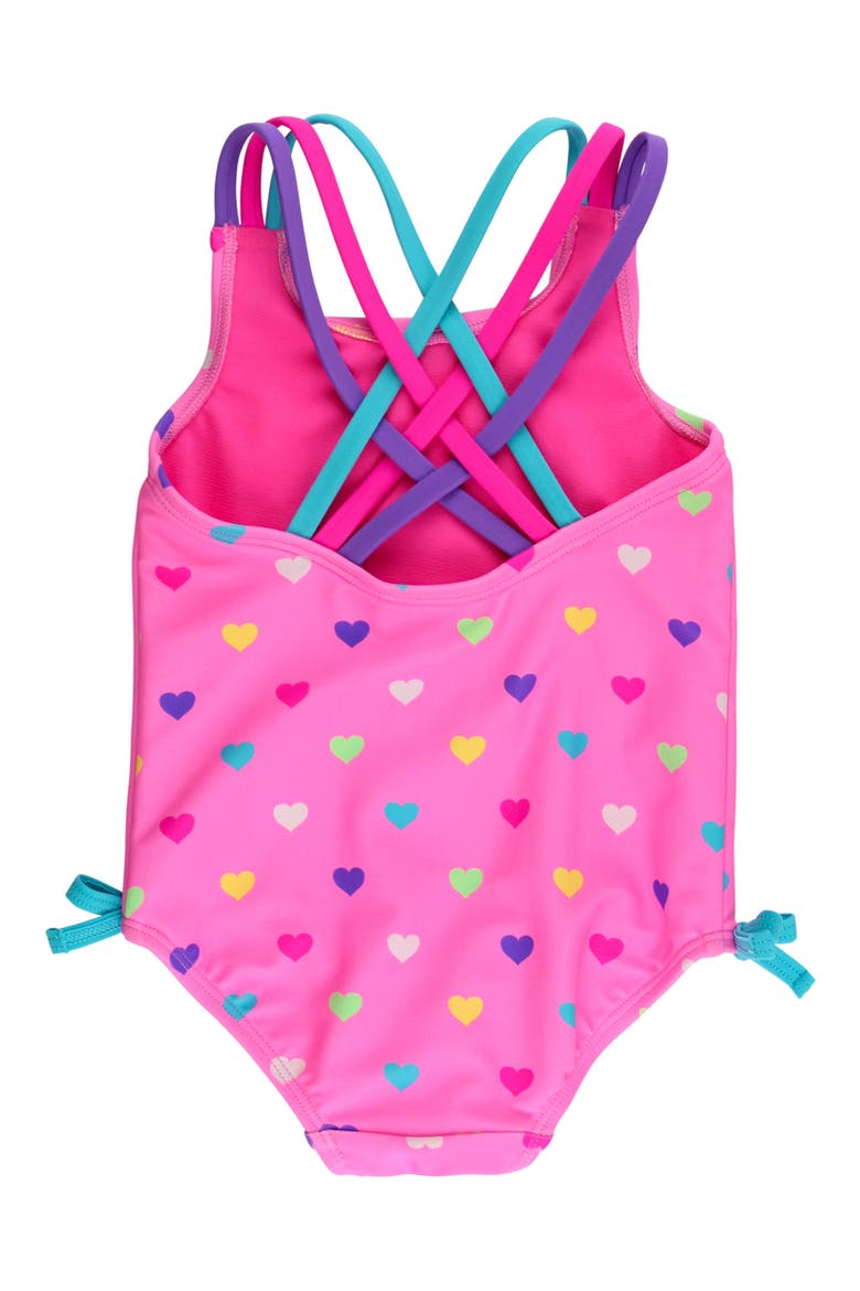 Kids' Colorful Heart Strappy UPF 50+ One-Piece Swimsuit, Alternate, color, PINK