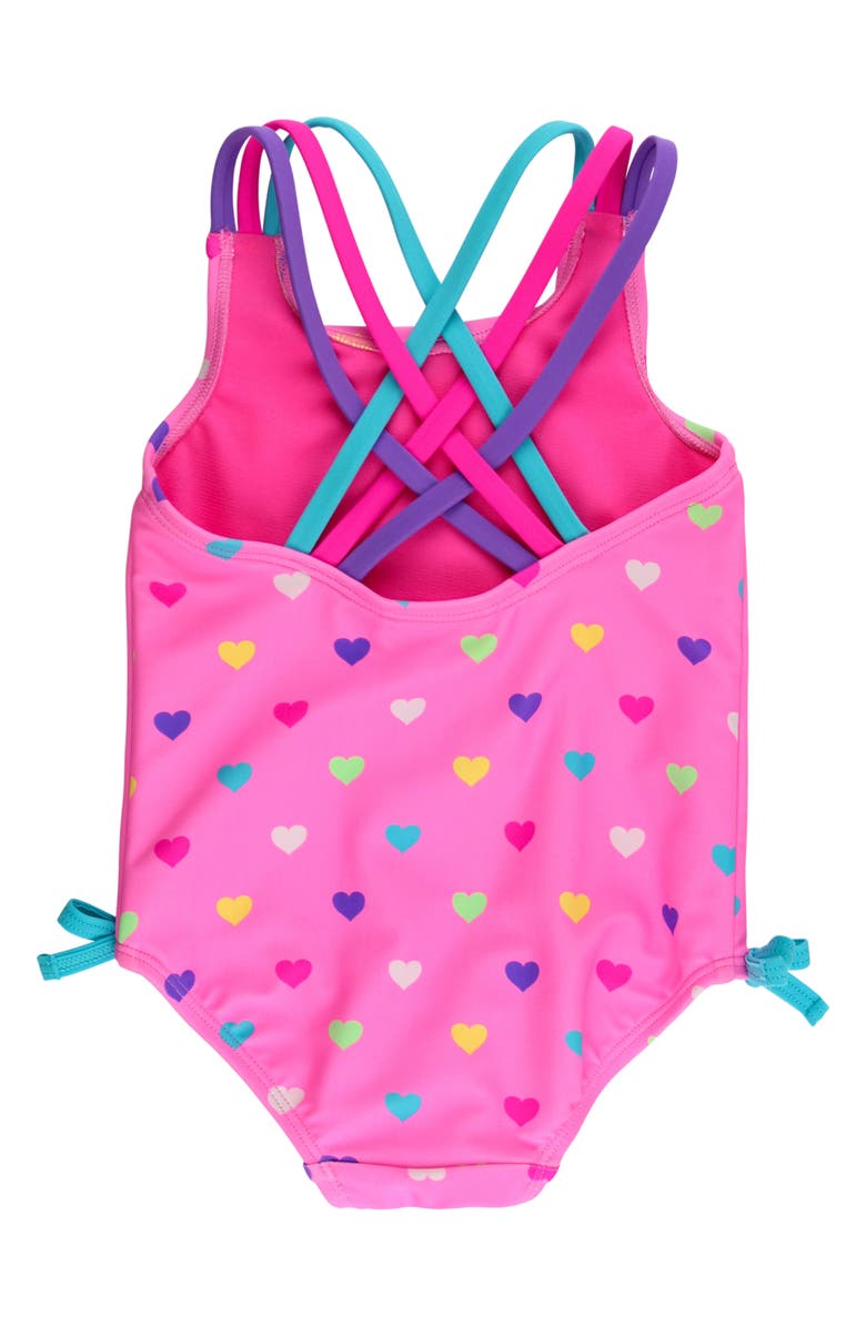 RuffleButts Kids' Colorful Heart Strappy UPF 50+ One-Piece Swimsuit, Alternate, color, Pink