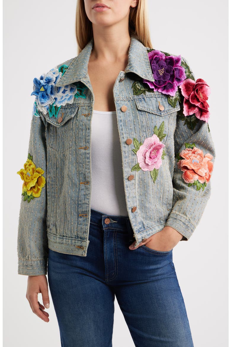 Blossom Embroidered Floral Appliqué Denim Trucker Jacket, Main, color, LIGHT BLUE