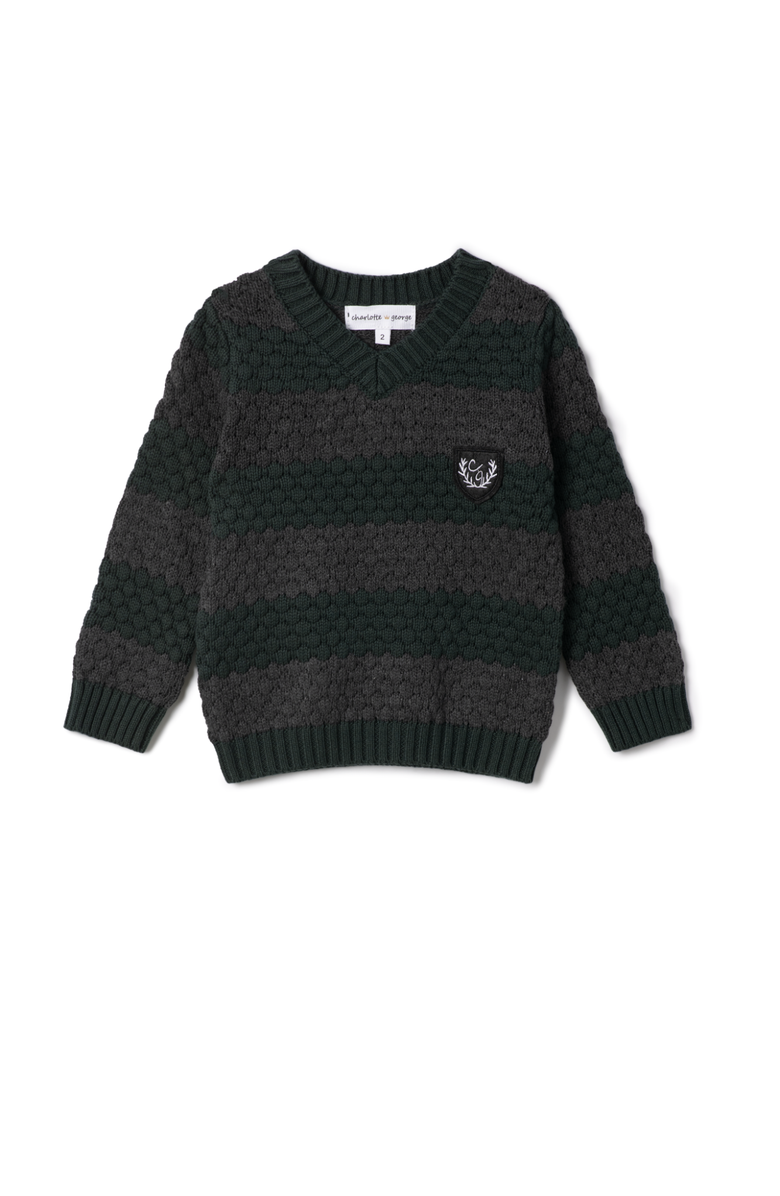 Charlotte & George Striped V-Neck Sweater with Crest Patch, Main, color, Forest/Charcoal