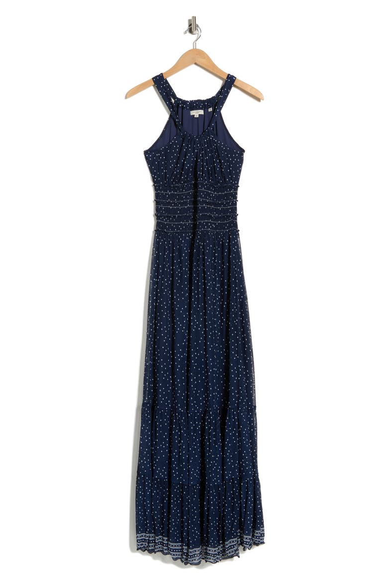 Halter Tiered Maxi Dress, Alternate, color, NAVY/ IVORY MEDIUM POLKA DOT